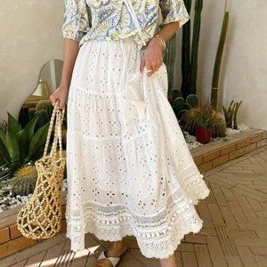 New Bohemian White Lace Tassel Tie Maxi Skirt